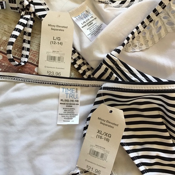Time and Tru Black and White Striped Eyelet Ruffle Bikini Set Size L-XL - Picture 7 of 11